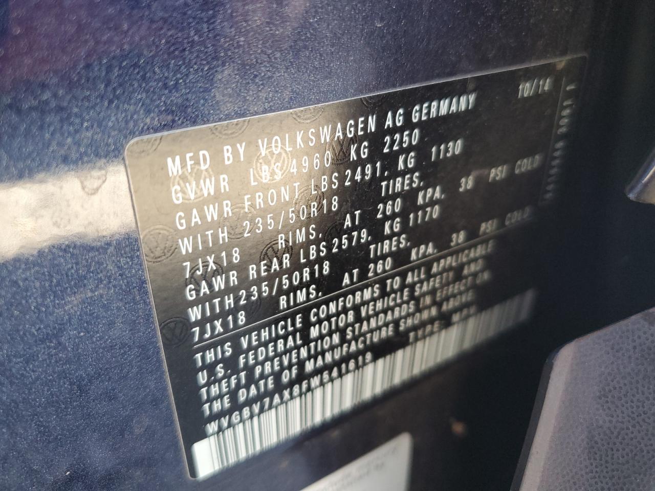 2015 Volkswagen Tiguan VIN WVGBV7AX8FW541619 Copart auction photo, minor dent/scratches damage thumbnail 13