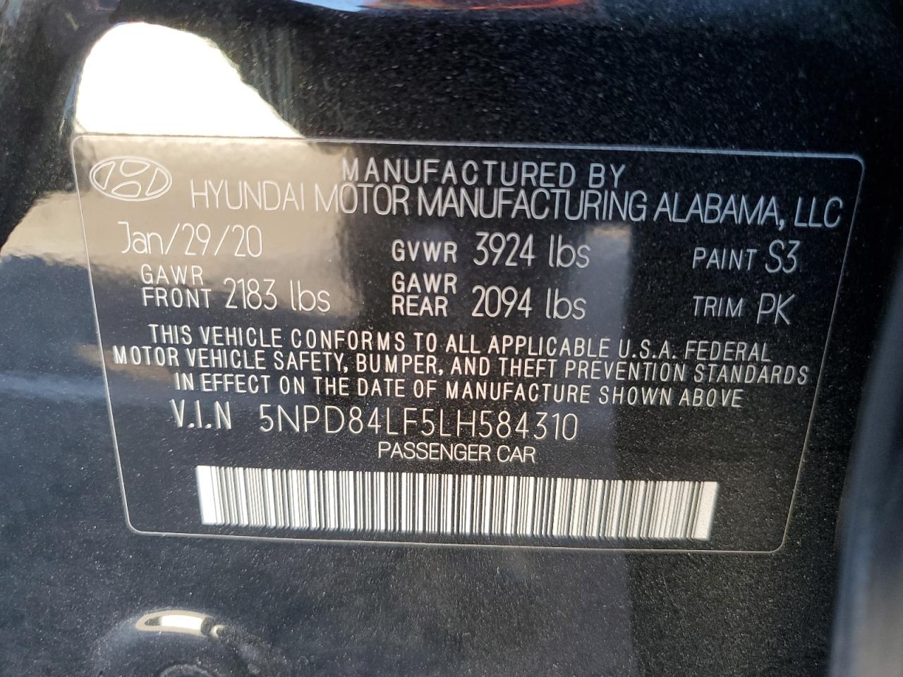 2020 Hyundai Elantra VIN 5NPD84LF5LH584310 Copart auction photo, rear end / minor dent/scratches damage thumbnail 12