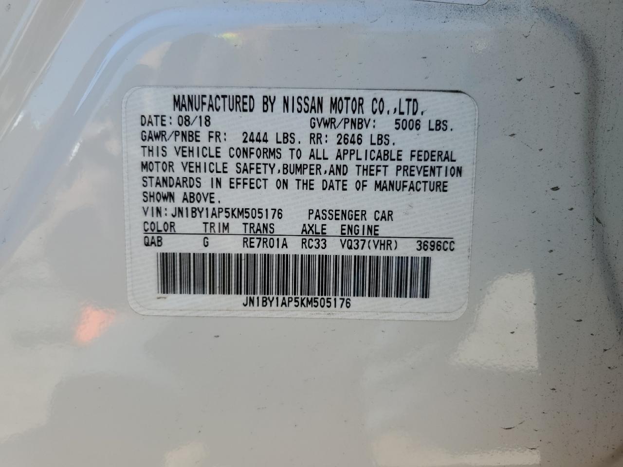 2019 Infiniti Q70 VIN JN1BY1AP5KM505176 Copart auction photo, front end damage thumbnail 12