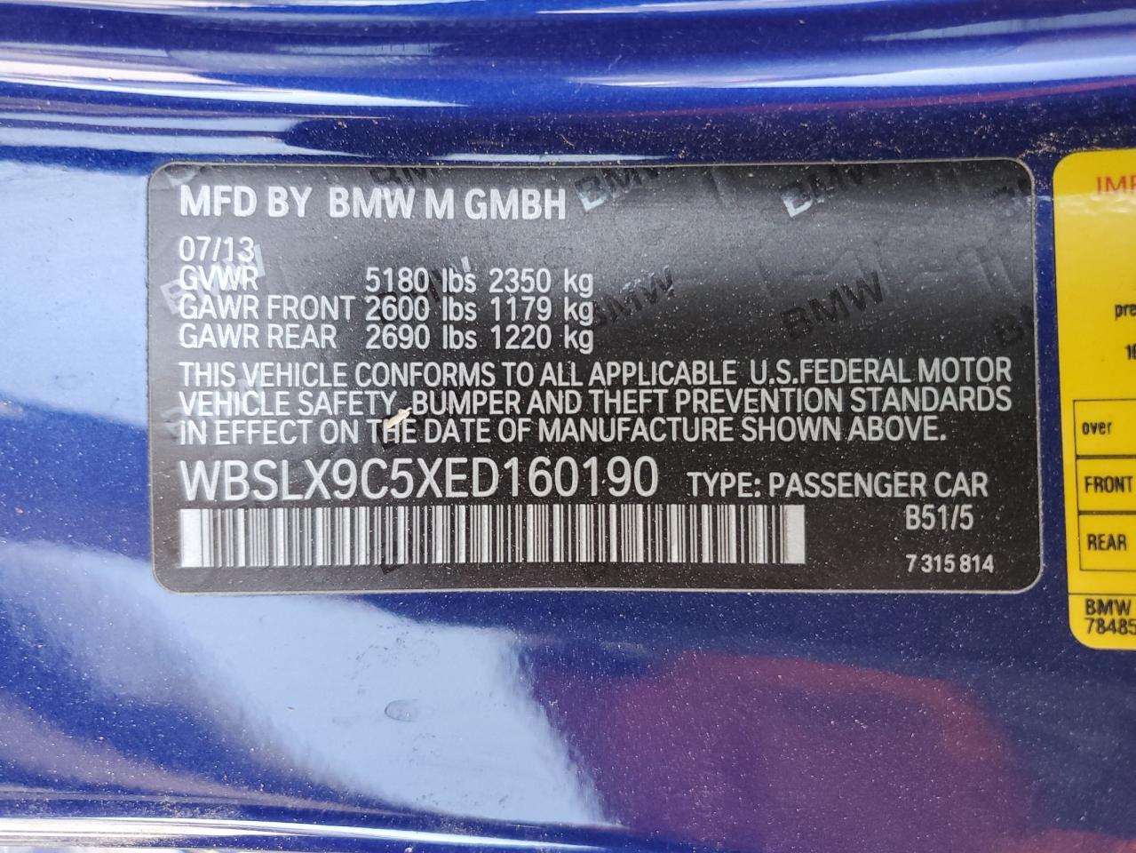 2014 BMW M6 VIN WBSLX9C5XED160190 Copart auction photo, minor dent/scratches damage thumbnail 12