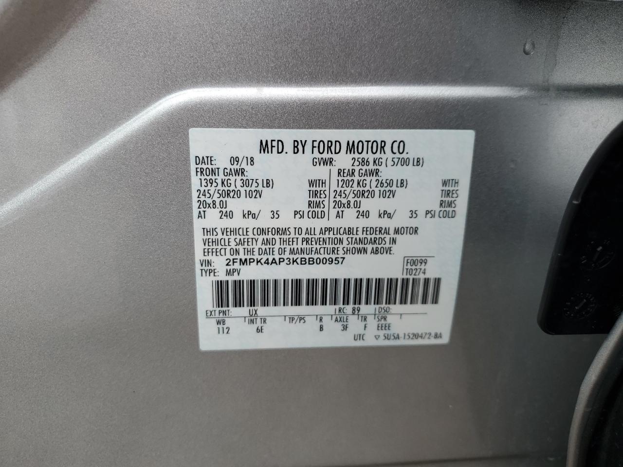 2019 Ford Edge VIN 2FMPK4AP3KBB00957 Copart auction photo, front end damage thumbnail 13