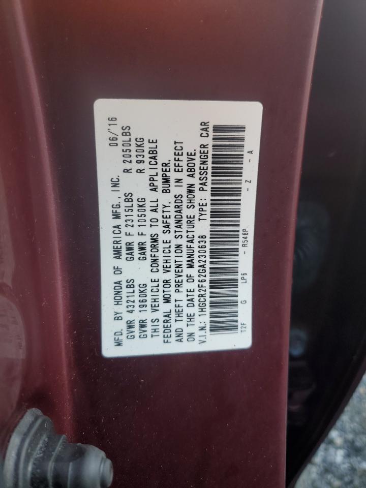 2016 Honda Accord VIN 1HGCR2F62GA230638 Copart auction photo, front end damage thumbnail 13