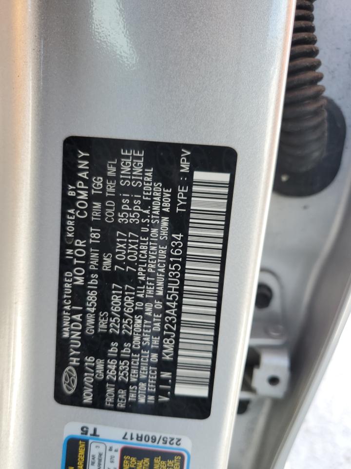 2017 Hyundai Tucson VIN KM8J23A45HU351634 Copart auction photo, water/flood / all over damage thumbnail 14