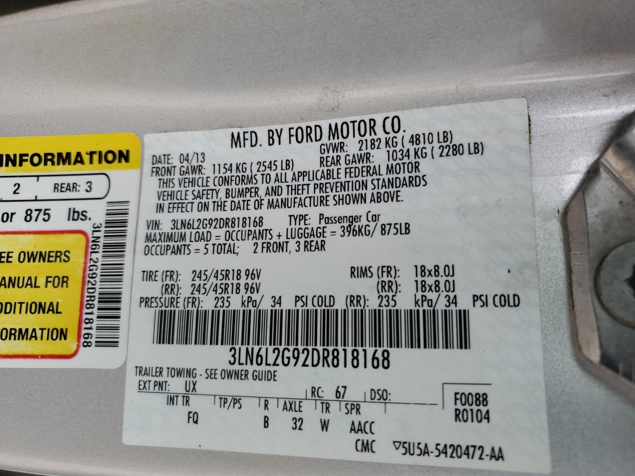 2013 Lincoln MKZ VIN 3LN6L2G92DR818168 Copart auction photo, front end / minor dent/scratches damage thumbnail 14
