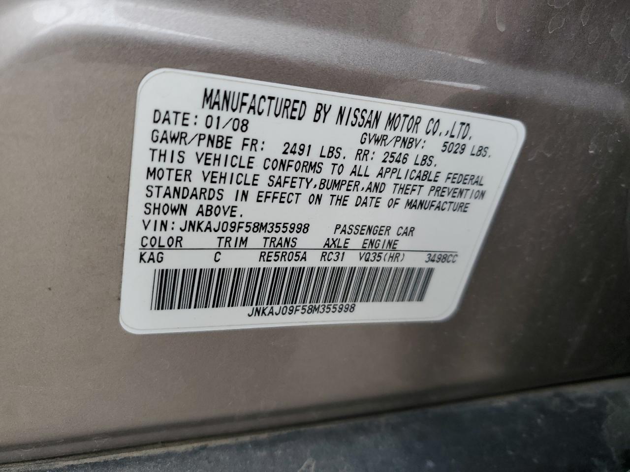 2008 Infiniti EX VIN JNKAJ09F58M355998 Copart auction photo, side / rear end damage thumbnail 13