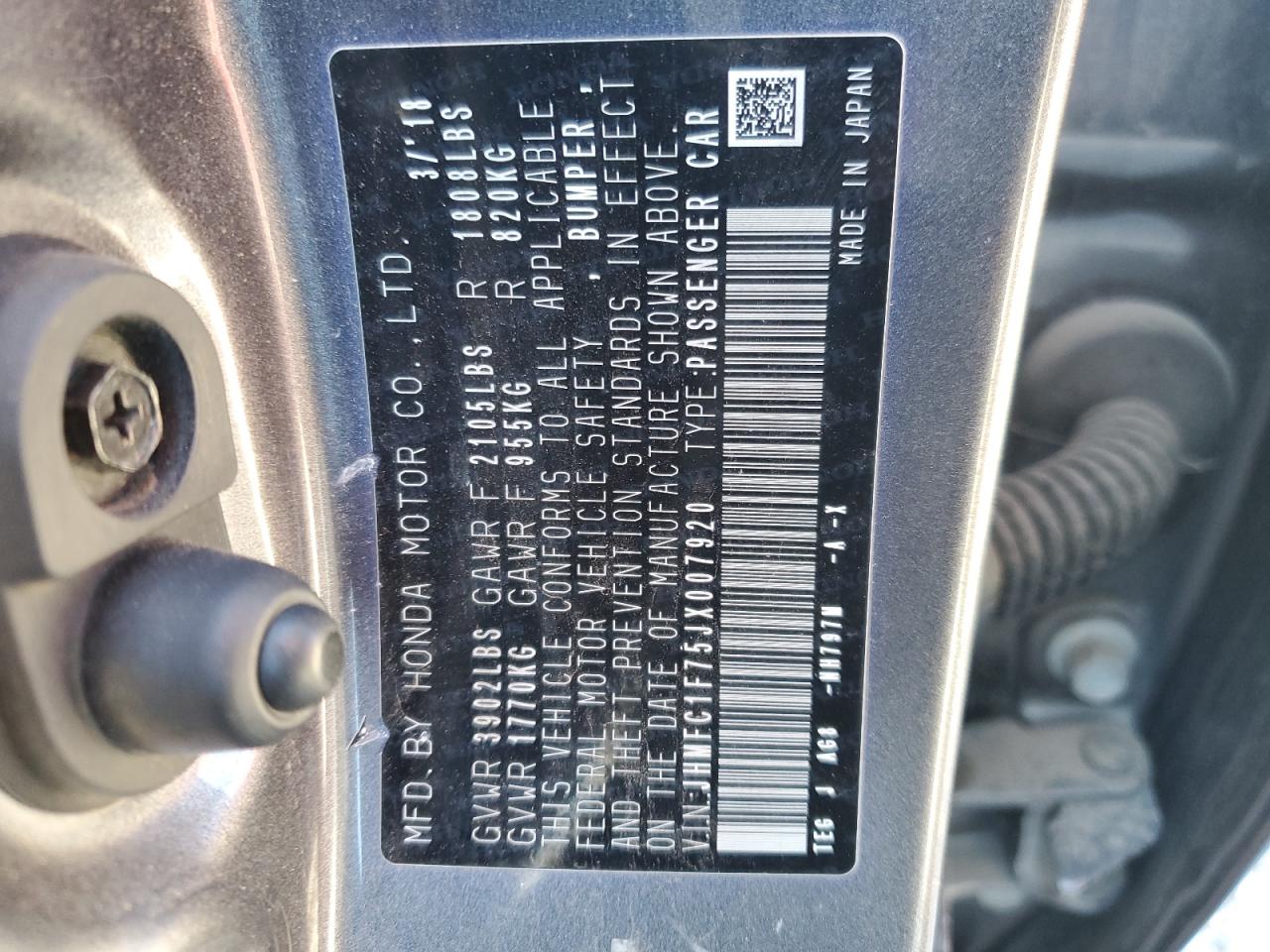 2018 Honda Civic VIN JHMFC1F75JX007920 Copart auction photo, all over damage thumbnail 13