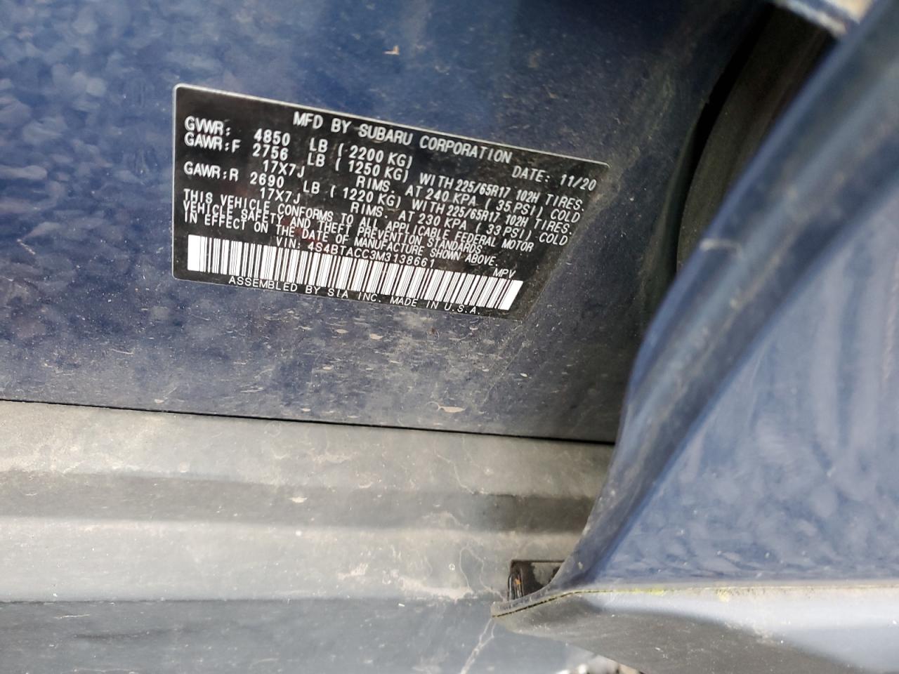 2021 Subaru Outback VIN 4S4BTACC3M3138661 Copart auction photo, front end / side damage thumbnail 14