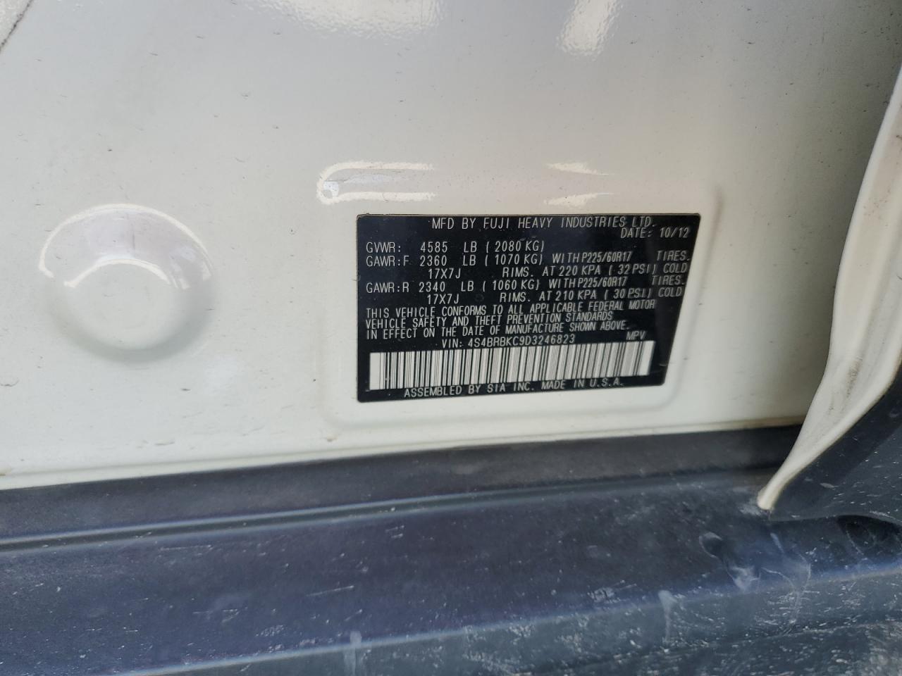 2013 Subaru Outback VIN 4S4BRBKC9D3246823 Copart auction photo, front end / side damage thumbnail 13