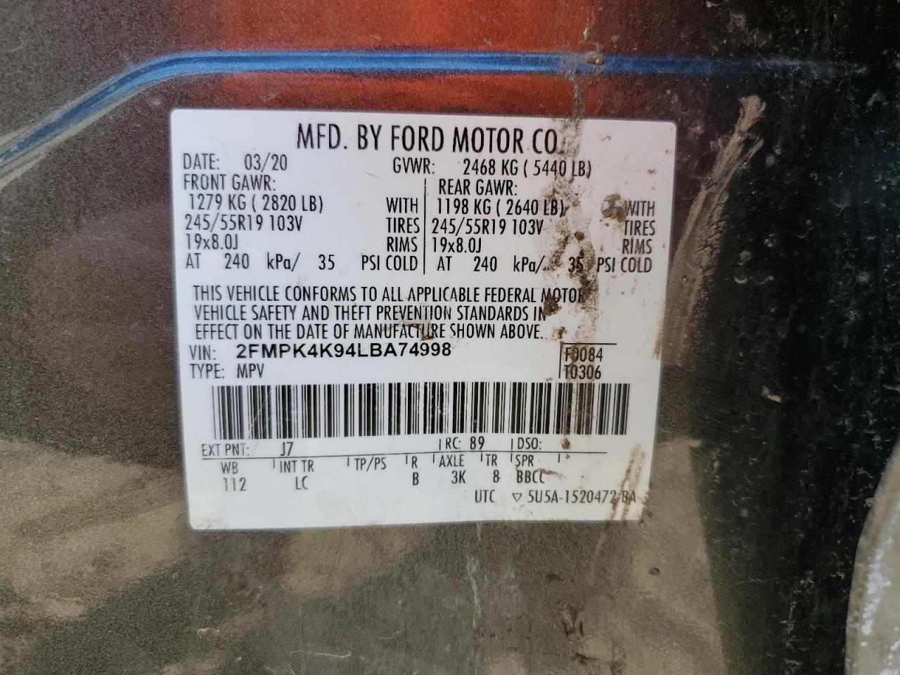 2020 Ford Edge VIN 2FMPK4K94LBA74998 Copart auction photo, rollover damage thumbnail 12