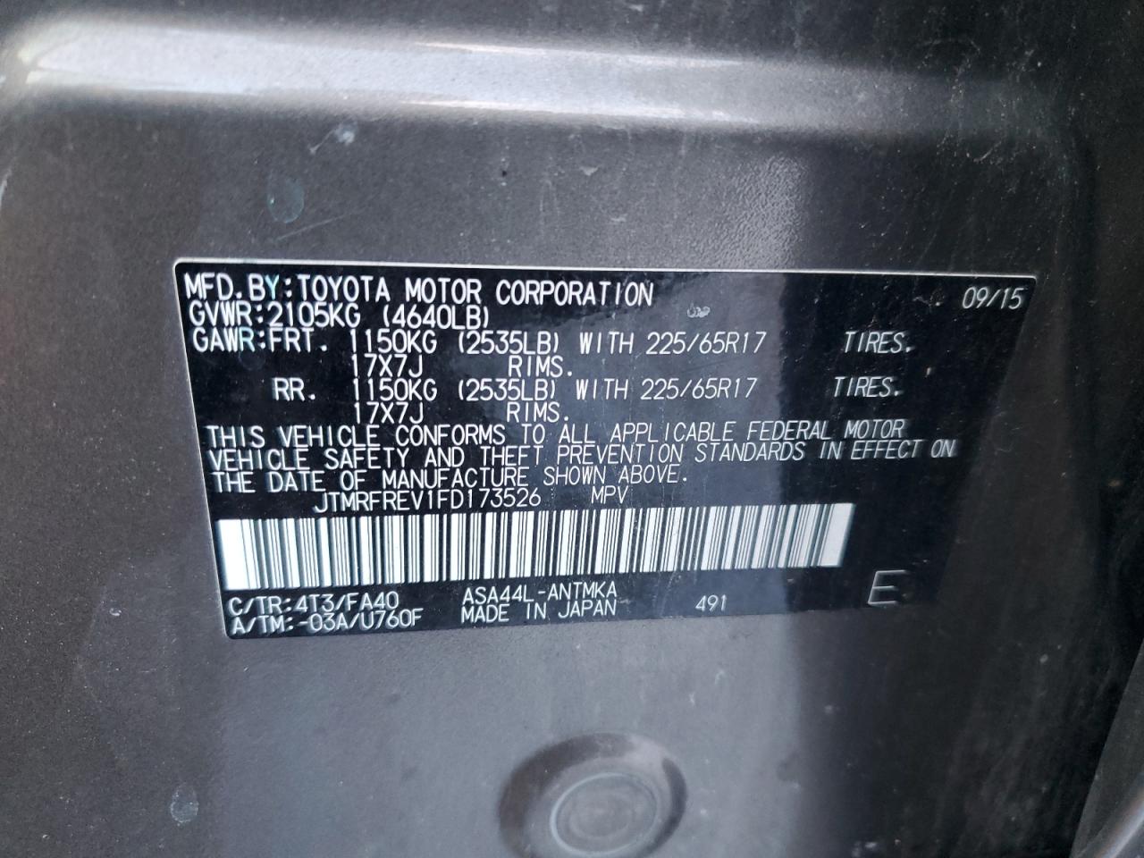 2015 Toyota RAV 4 VIN JTMRFREV1FD173526 Copart auction photo, front end / rear end damage thumbnail 13