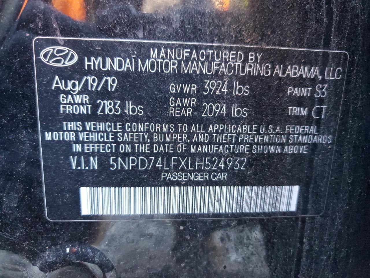 2020 Hyundai Elantra VIN 5NPD74LFXLH524932 Copart auction photo, front end / side damage thumbnail 12