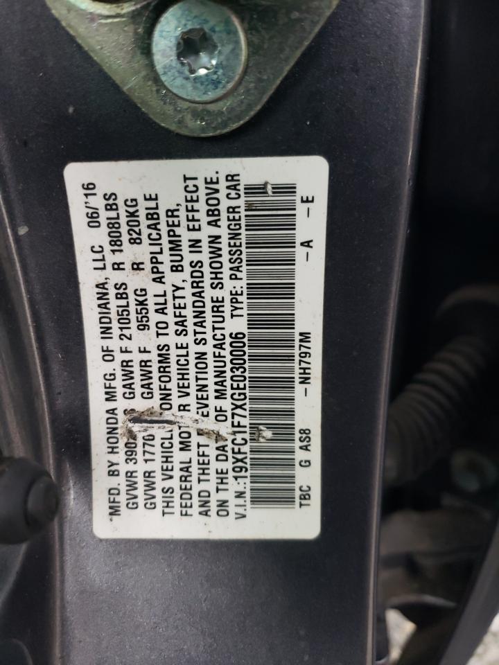 2016 Honda Civic VIN 19XFC1F7XGE030006 Copart auction photo, front end / side damage thumbnail 13