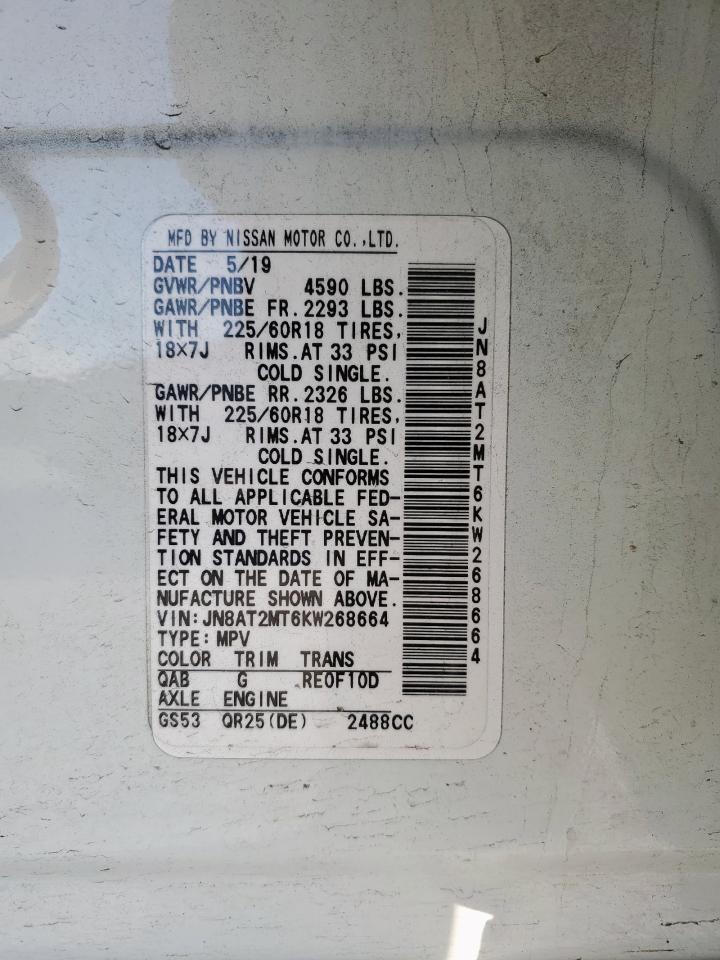 2019 Nissan Rogue VIN JN8AT2MT6KW268664 Copart auction photo, rear end damage thumbnail 13