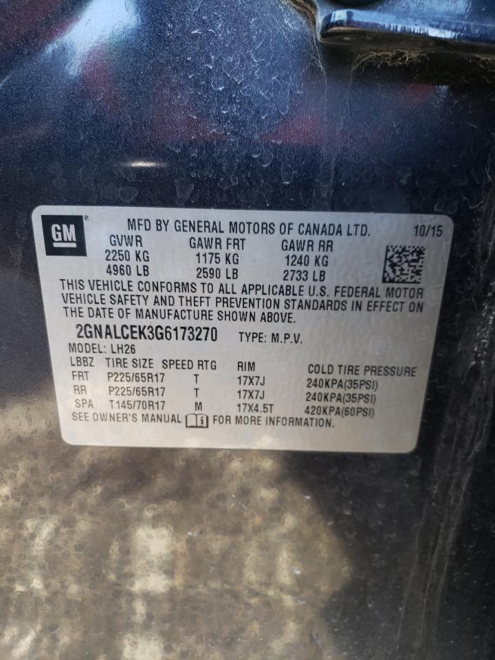 2016 Chevrolet Equinox VIN 2GNALCEK3G6173270 Copart auction photo, front end / side damage thumbnail 13
