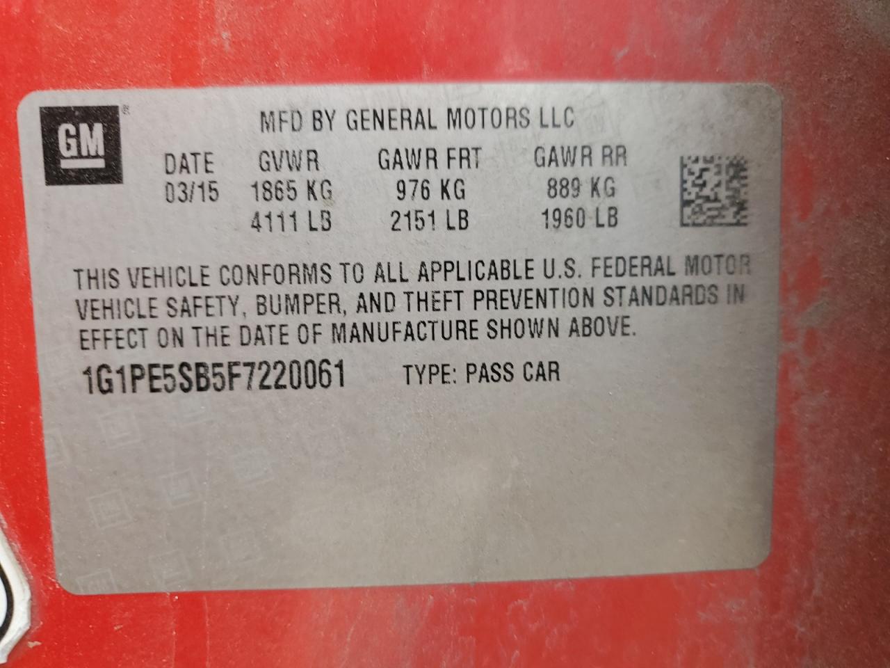 2015 Chevrolet Cruze VIN 1G1PE5SB5F7220061 Copart auction photo, front end damage thumbnail 14