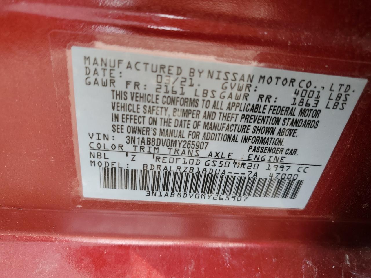 2021 Nissan Sentra VIN 3N1AB8DV0MY265907 Copart auction photo, side / front end damage thumbnail 14