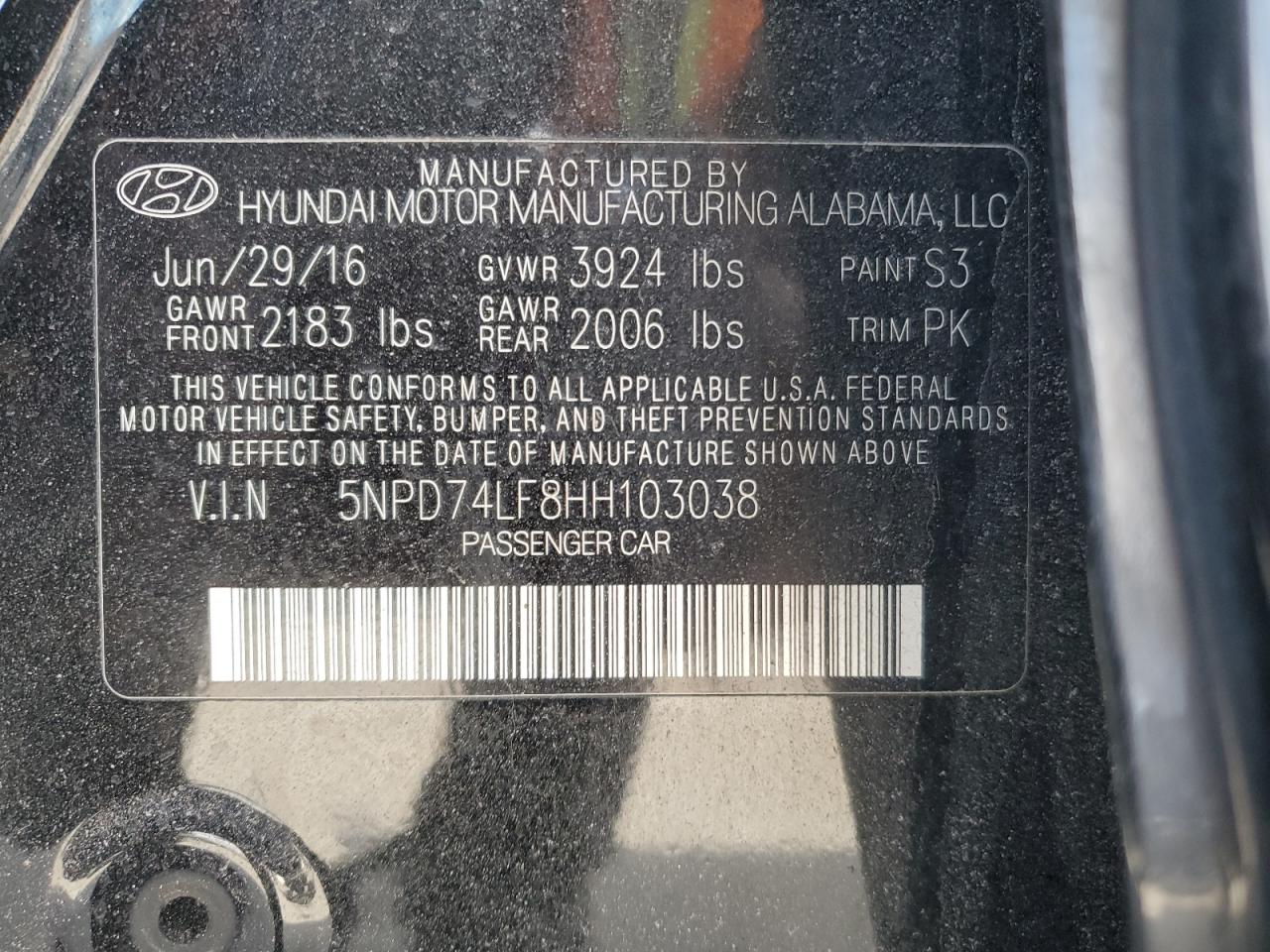 2017 Hyundai Elantra VIN 5NPD74LF8HH103038 Copart auction photo, front end / hail damage thumbnail 14