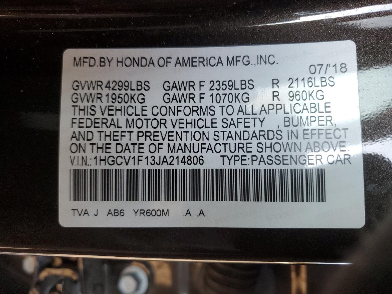 2018 Honda Accord VIN 1HGCV1F13JA214806 Copart auction photo, front end / minor dent/scratches damage thumbnail 12