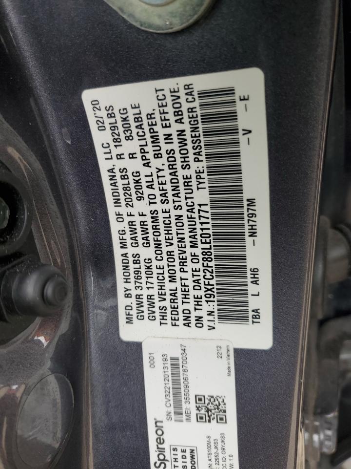 2020 Honda Civic VIN 19XFC2F88LE011771 Copart auction photo, front end / undercarriage damage thumbnail 12