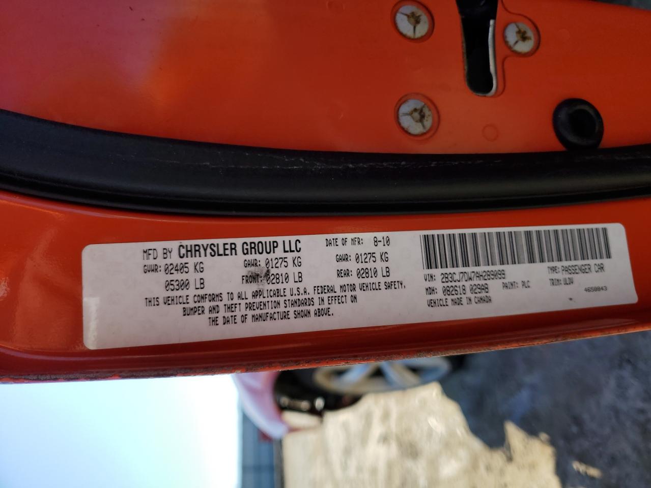 2010 Dodge Challenger VIN 2B3CJ7DW7AH289099 Copart auction photo, front end / minor dent/scratches damage thumbnail 13