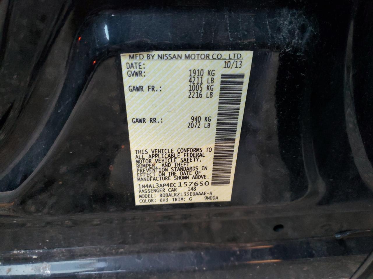 2014 Nissan Altima VIN 1N4AL3AP4EC157650 Copart auction photo, rear end damage thumbnail 12