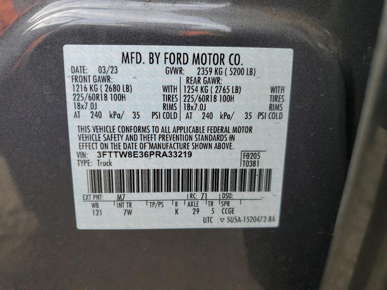 2023 Ford Maverick VIN 3FTTW8E36PRA33219 Copart auction photo, rear end / front end damage thumbnail 13