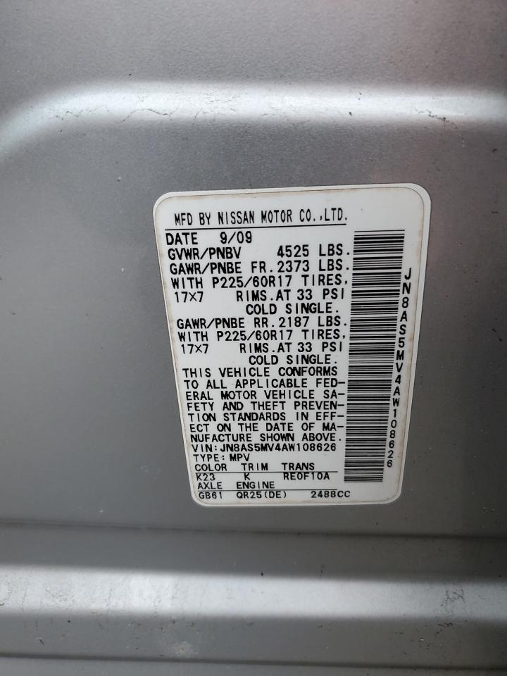 2010 Nissan Rogue VIN JN8AS5MV4AW108626 Copart auction photo, front end damage thumbnail 12
