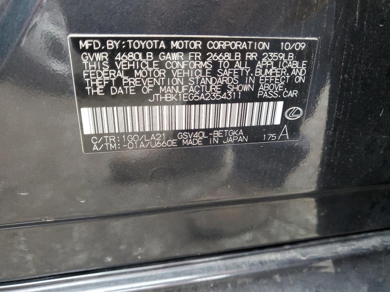 2010 Lexus ES VIN JTHBK1EG5A2354311 Copart auction photo, front end damage thumbnail 12