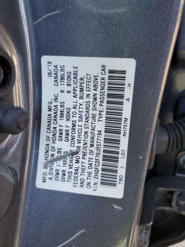 2018 Honda Civic VIN 2HGFC2F76JH577194 Copart auction photo, front end / side damage thumbnail 15