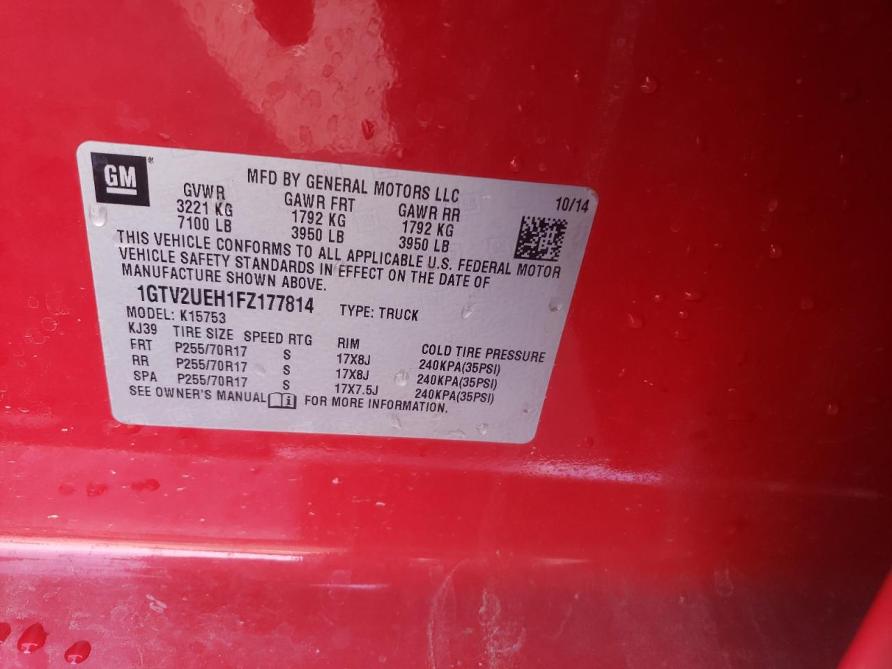 2015 GMC Sierra VIN 1GTV2UEH1FZ177814 Copart auction photo, front end damage thumbnail 13