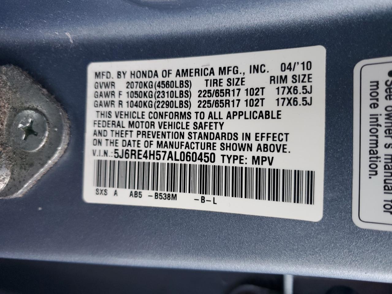 2010 Honda CR-V VIN 5J6RE4H57AL060450 Copart auction photo, front end / side damage thumbnail 14