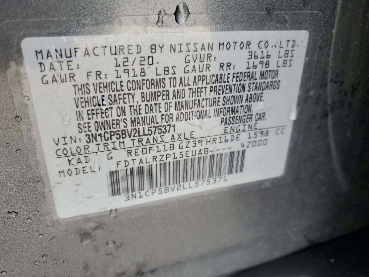 2020 Nissan Kicks VIN 3N1CP5BV2LL575371 Copart auction photo, front end / undercarriage damage thumbnail 14