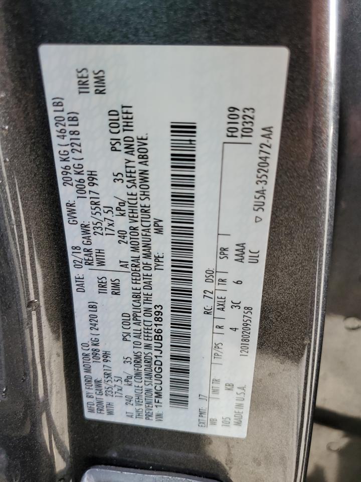 2018 Ford Escape VIN 1FMCU0GD1JUB61893 Copart auction photo, water/flood / minor dent/scratches damage thumbnail 14