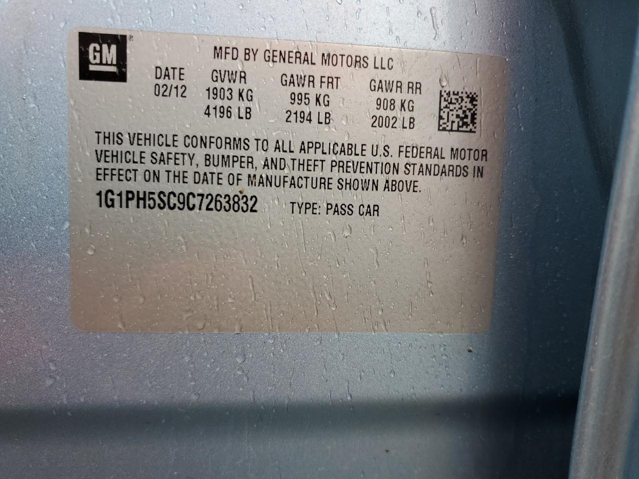 2012 Chevrolet Cruze VIN 1G1PH5SC9C7263832 Copart auction photo, all over damage thumbnail 12