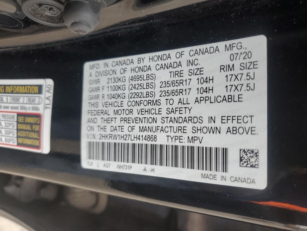2020 Honda CR-V VIN 2HKRW1H27LH414868 Copart auction photo, all over / undercarriage damage thumbnail 16