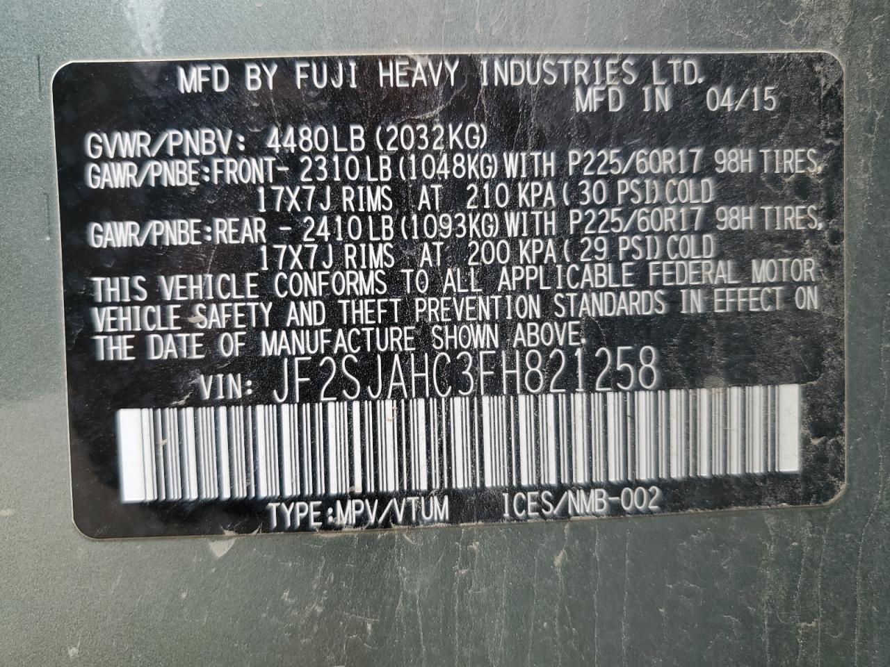2015 Subaru Forester VIN JF2SJAHC3FH821258 Copart auction photo, front end damage thumbnail 14