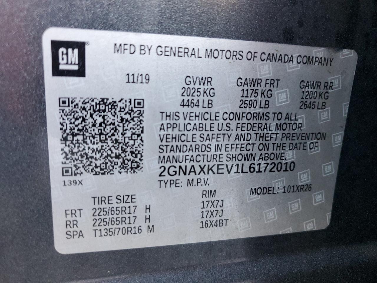 2020 Chevrolet Equinox VIN 2GNAXKEV1L6172010 Copart auction photo, front end damage thumbnail 15