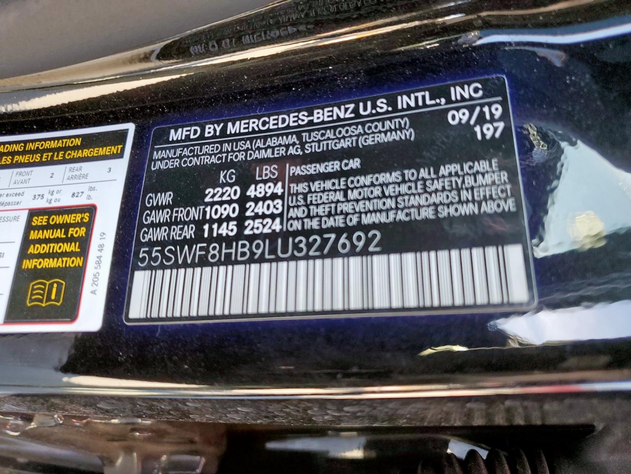 2020 Mercedes-Benz C-klasse VIN 55SWF8HB9LU327692 Copart auction photo, front end / side damage thumbnail 13
