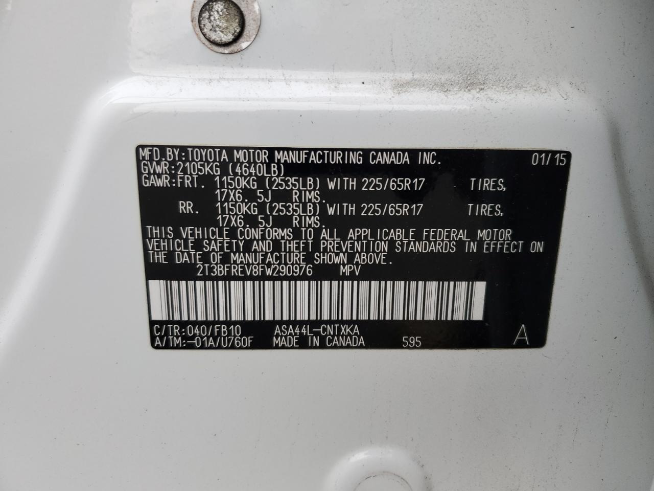 2015 Toyota RAV 4 VIN 2T3BFREV8FW290976 Copart auction photo, front end / minor dent/scratches damage thumbnail 15