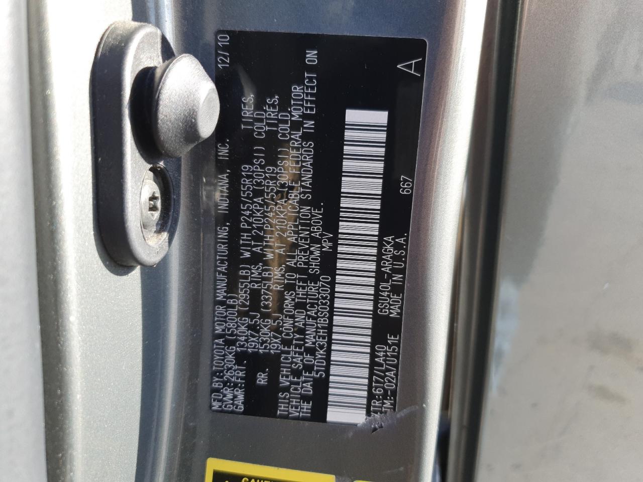 2011 Toyota Highlander VIN 5TDYK3EH1BS033070 Copart auction photo, all over damage thumbnail 13