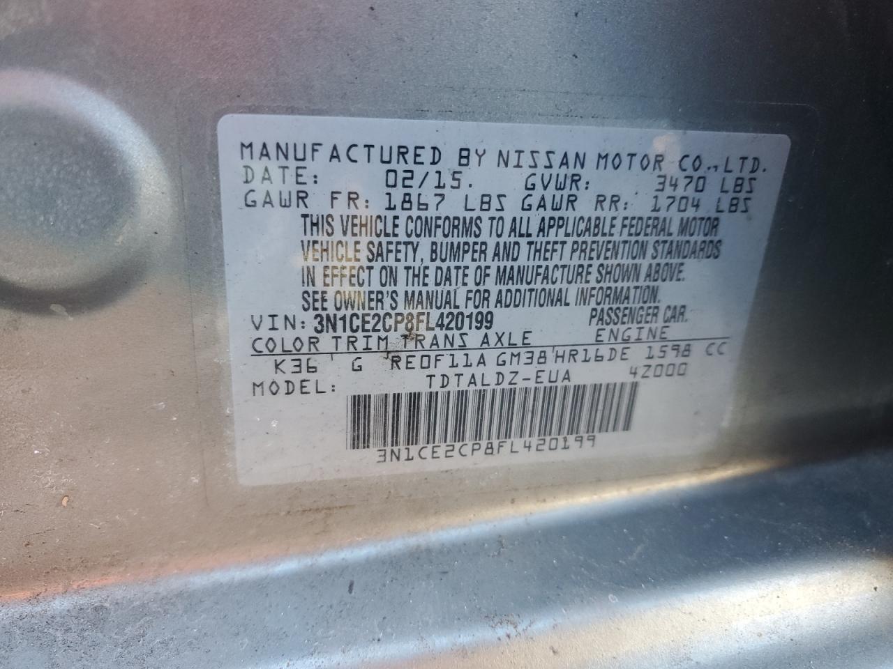 2015 Nissan Versa VIN 3N1CE2CP8FL420199 Copart auction photo, top/roof damage thumbnail 12