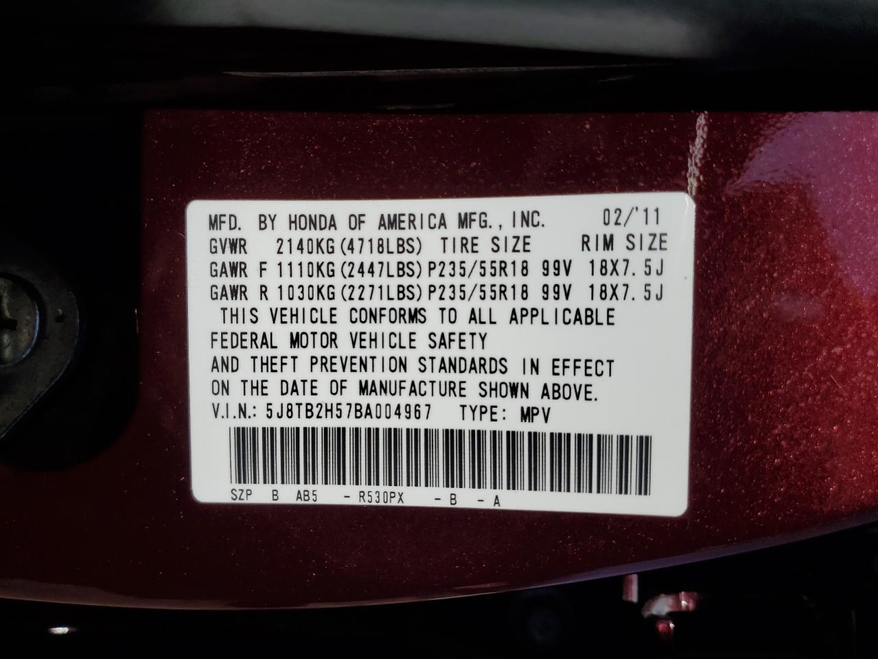 2011 Acura RDX VIN 5J8TB2H57BA004967 Copart auction photo, rear end / front end damage thumbnail 12