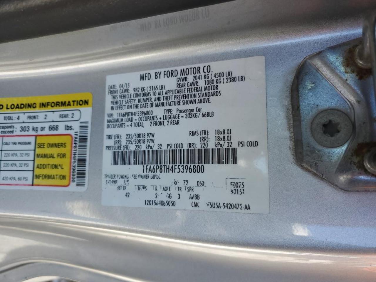 2015 Ford Mustang VIN 1FA6P8TH4F5396800 Copart auction photo, front end damage thumbnail 12