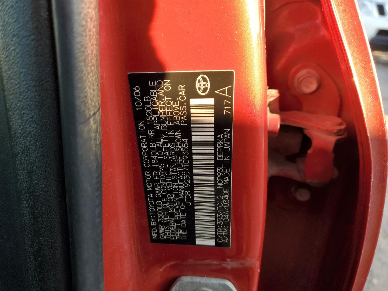 2007 Toyota Yaris VIN JTDBT923071093554 Copart auction photo, rear end / front end damage thumbnail 12