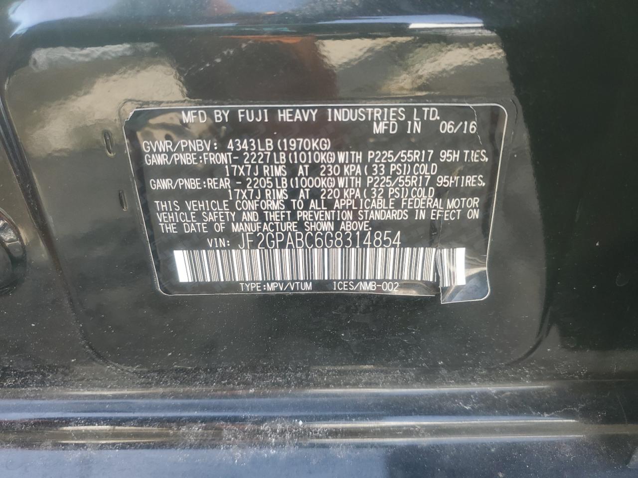 2016 Subaru XV VIN JF2GPABC6G8314854 Copart auction photo, front end damage thumbnail 13