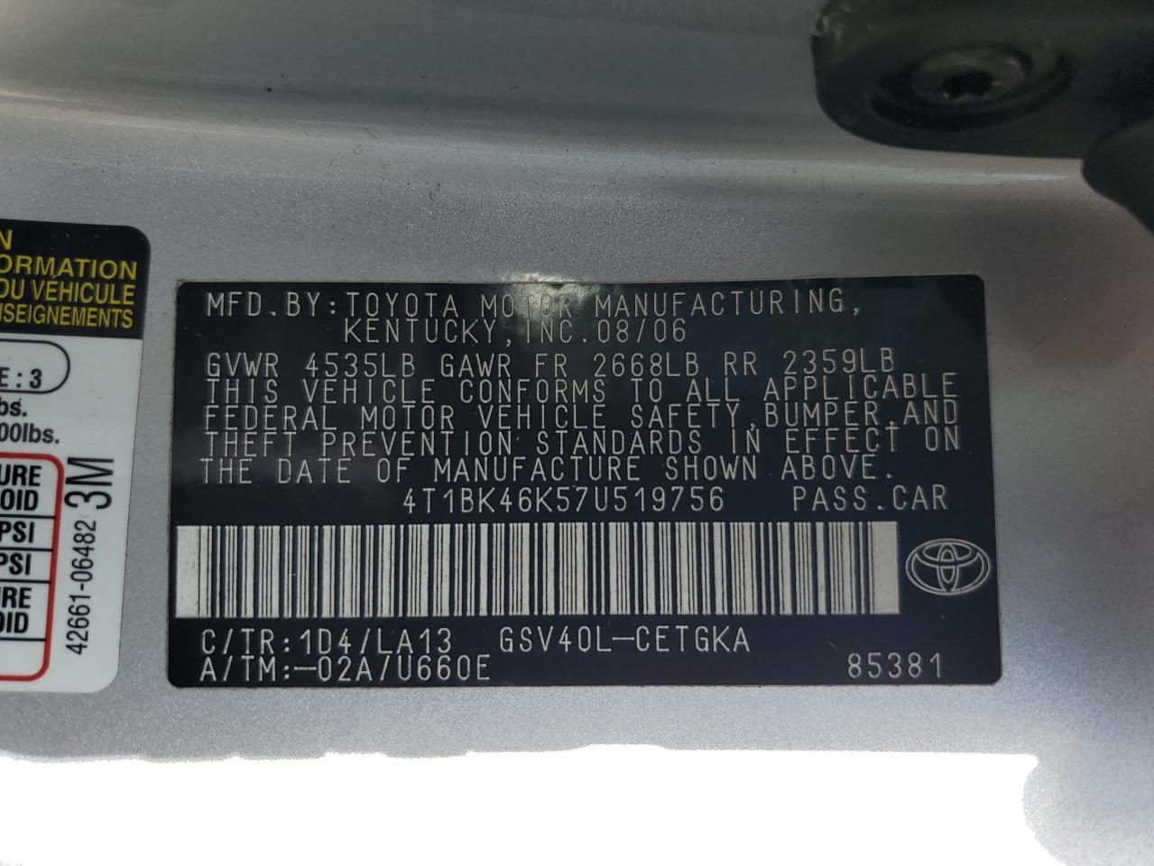 2007 Toyota Camry VIN 4T1BK46K57U519756 Copart auction photo, rear end damage thumbnail 14
