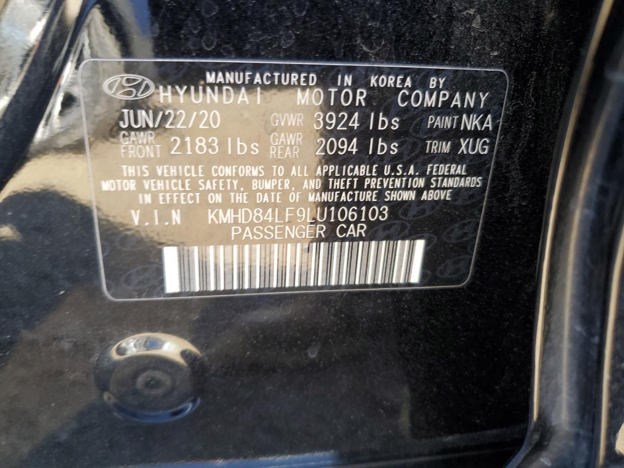2020 Hyundai Elantra VIN KMHD84LF9LU106103 Copart auction photo, vandalism damage thumbnail 13
