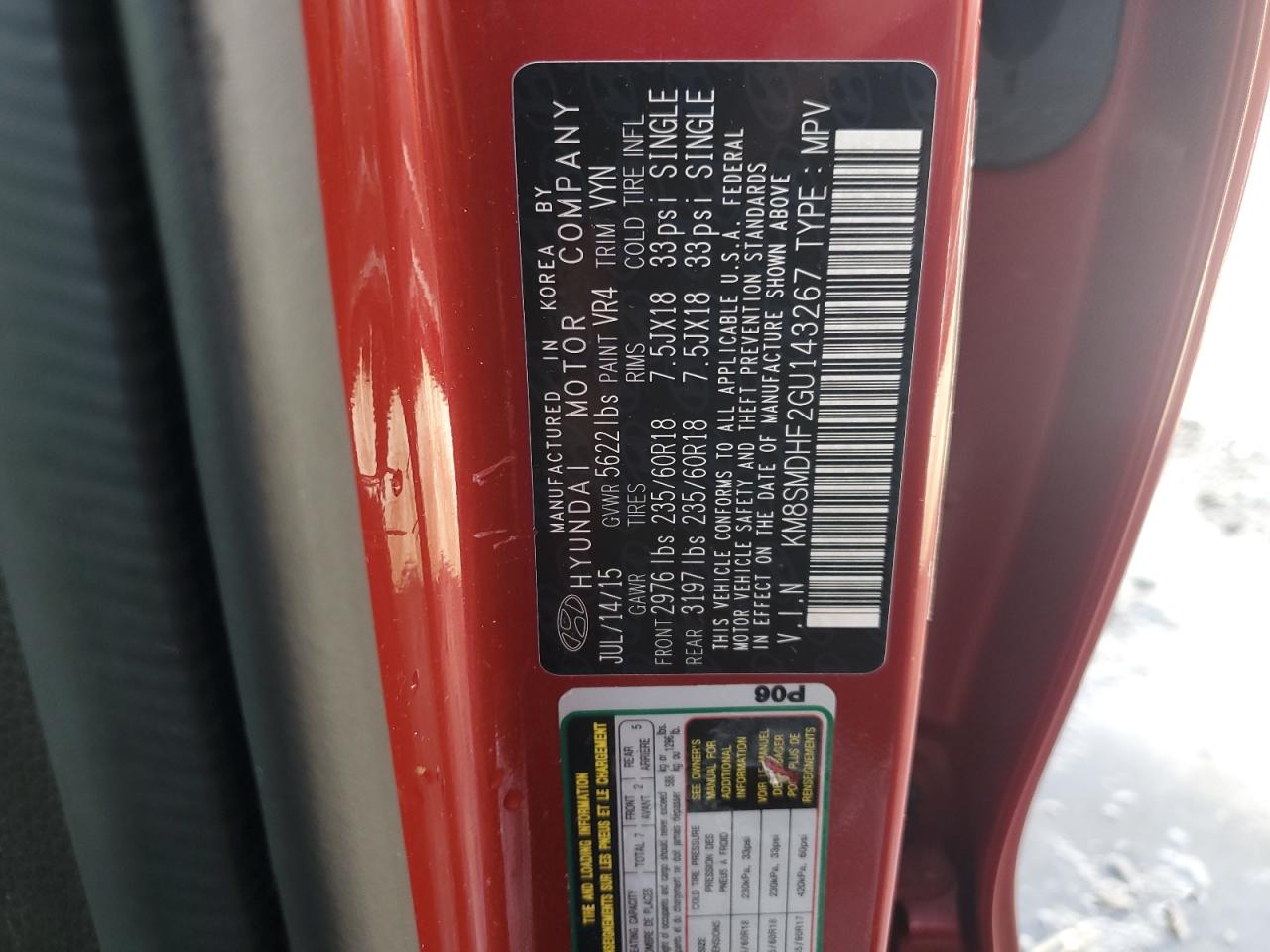 2016 Hyundai Santa Fe VIN KM8SMDHF2GU143267 Copart auction photo, mechanical / vandalism damage thumbnail 12