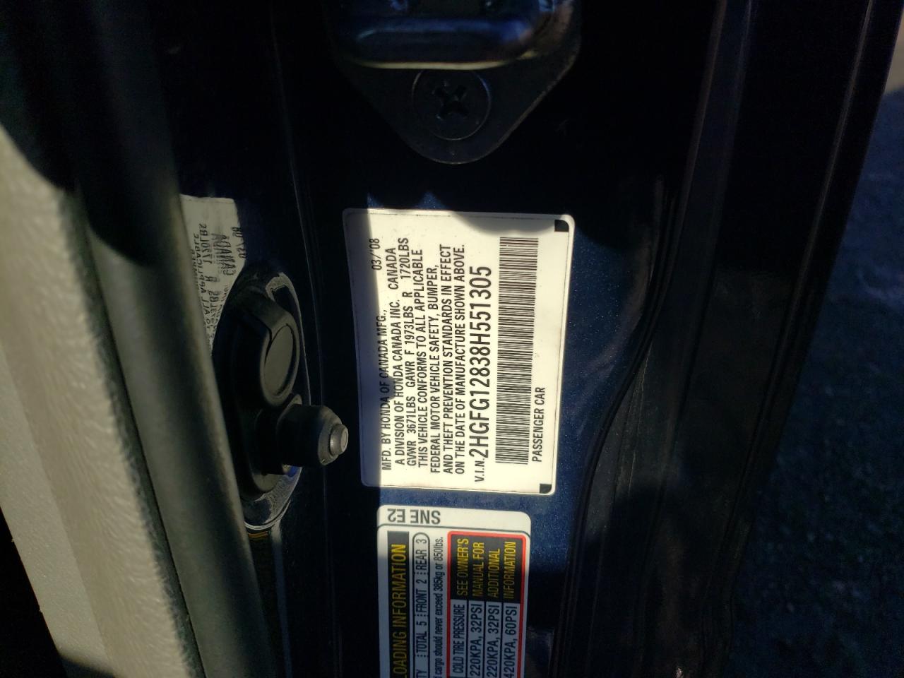2008 Honda Civic VIN 2HGFG12838H551305 Copart auction photo, front end / minor dent/scratches damage thumbnail 14