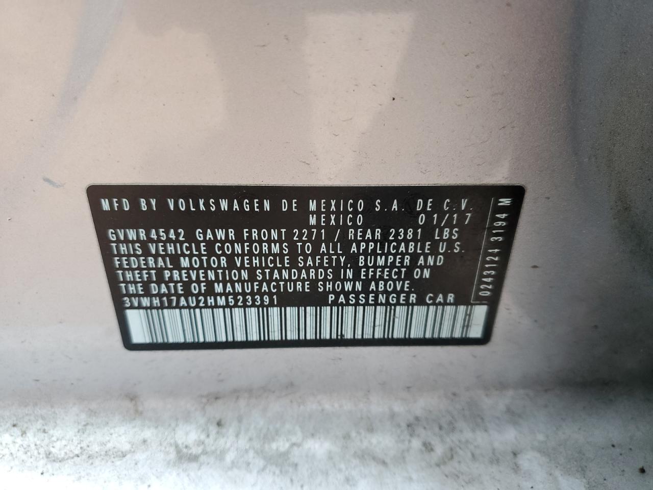2017 Volkswagen Golf VIN 3VWH17AU2HM523391 Copart auction photo, rear end damage thumbnail 12